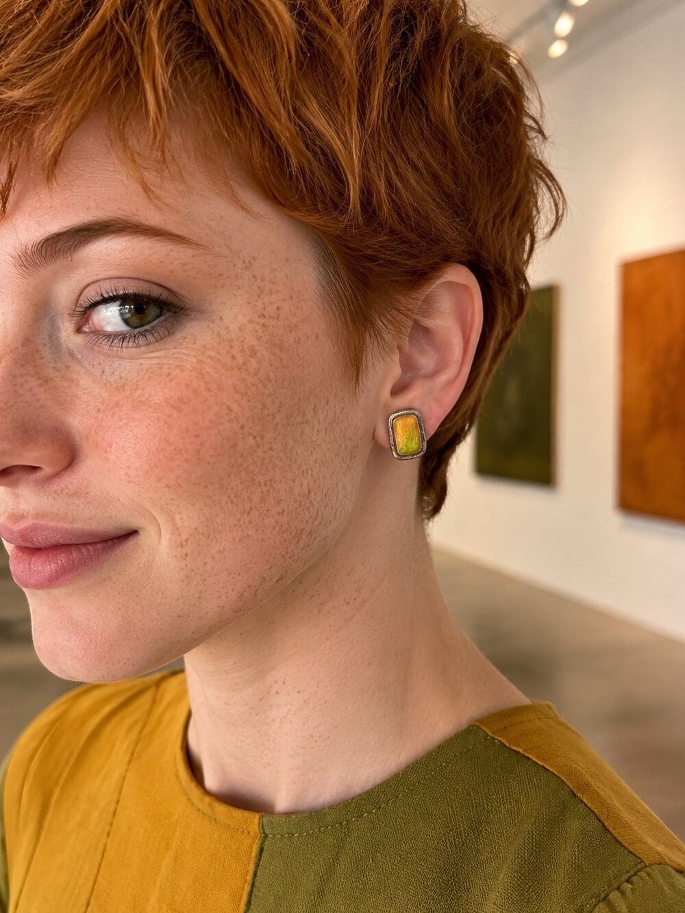 Kenneth Cole Silver Orange Green Enamel Stud Earrings Artisan Modernist